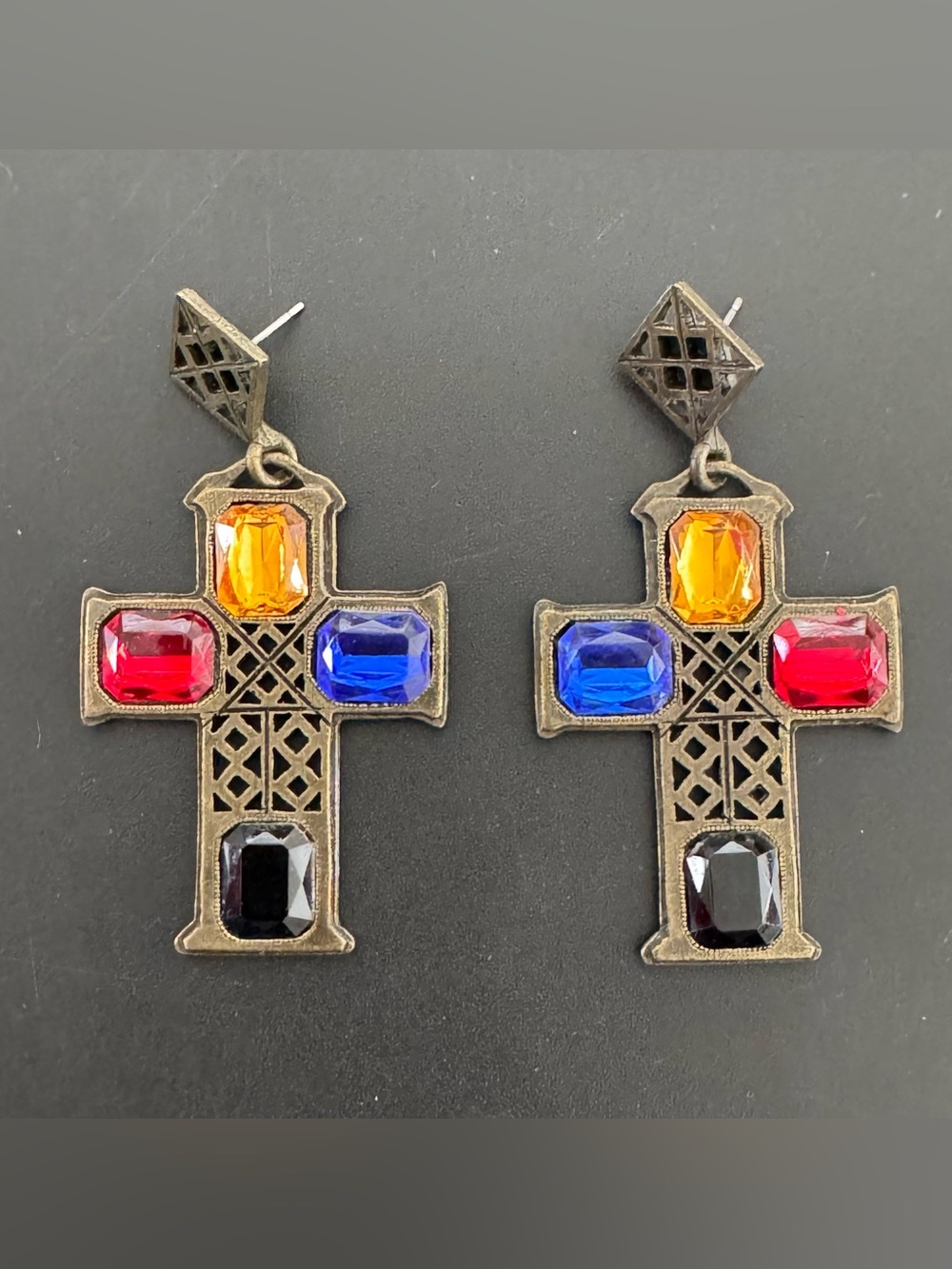 Vintage-Inspired Cross Drop Earrings with Multicolor Gemstones